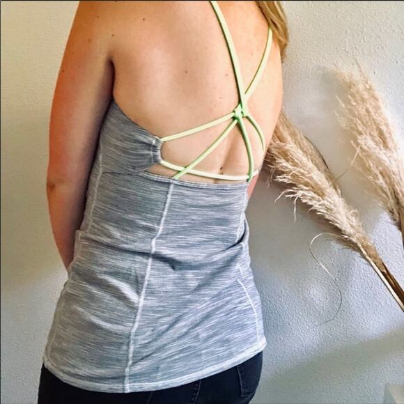 LULULEMON Cross Strappy Open Back Grey Green Neon Sports Bra Tank Top Shirt 10 - Picture 1 of 8